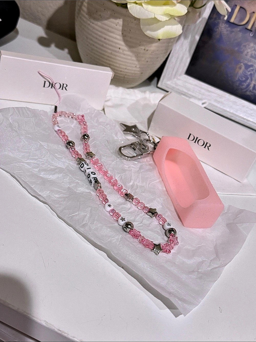 Dior Phone Ring & Pink Beaded Phone Charm -GWP